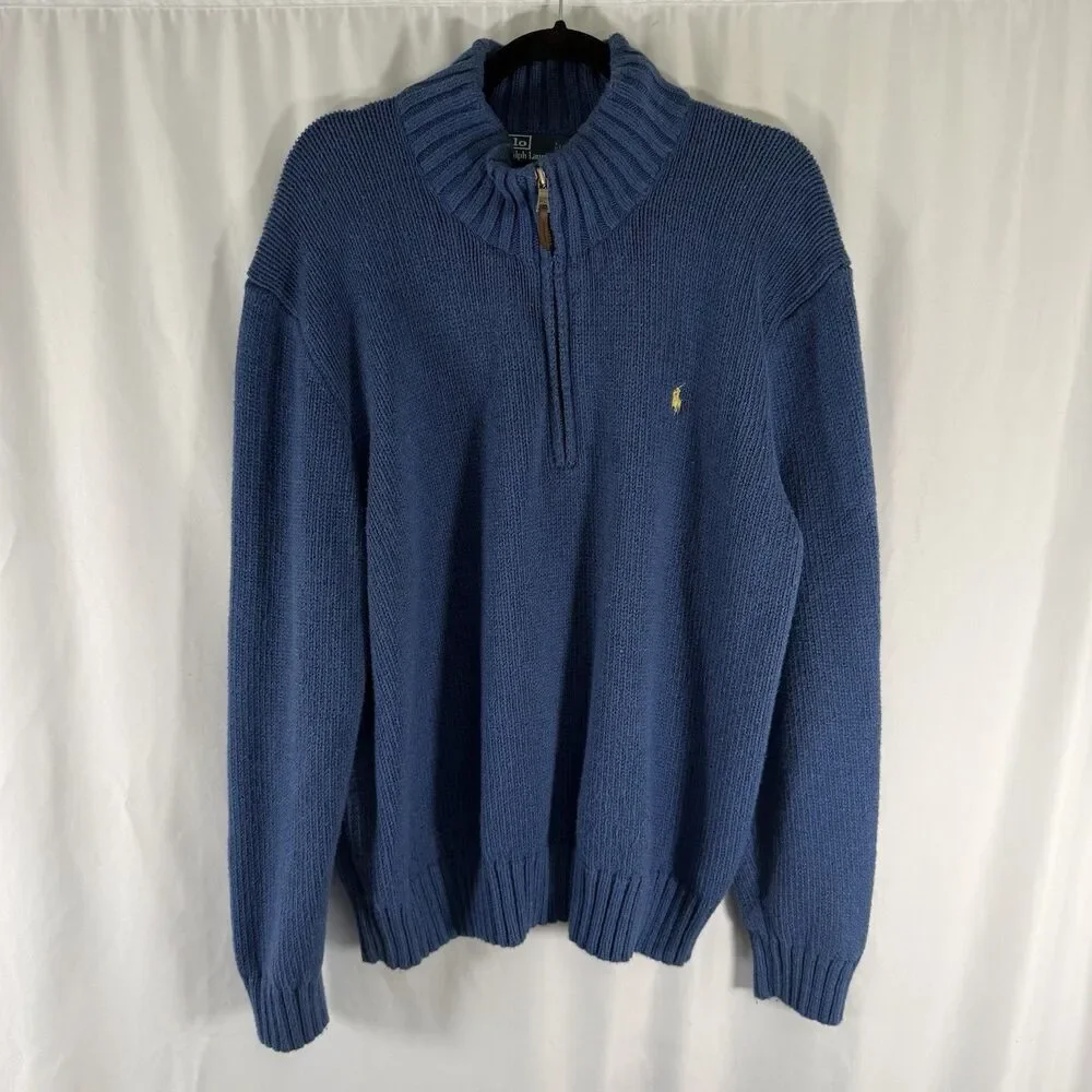 Polo Ralph Lauren 1/4 Zip Sweater Men's XXL Blue Heavy Knit Pullover Turtleneck